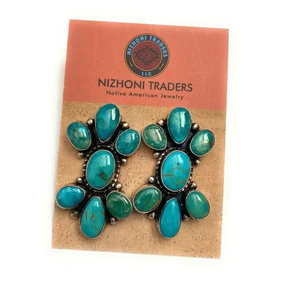 Navajo Sterling Silver & Royston Turquoise Cluster Post Earrings Signed - Picture 7 of 7